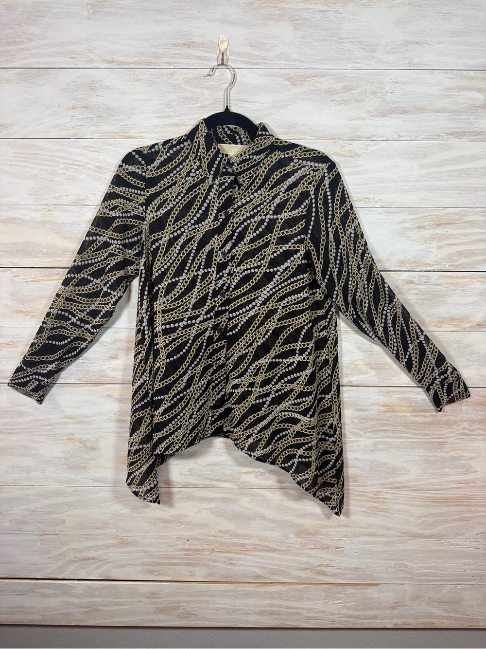 MICHAEL Michael Kors Womens XS Shirt Black Gold Chain Pearl Print Button Down